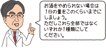 お酒をやめられない場合は1日の量をこれくらいまでにしましょう。ただしこれら全部ではなくいずれか1種類にしてください。